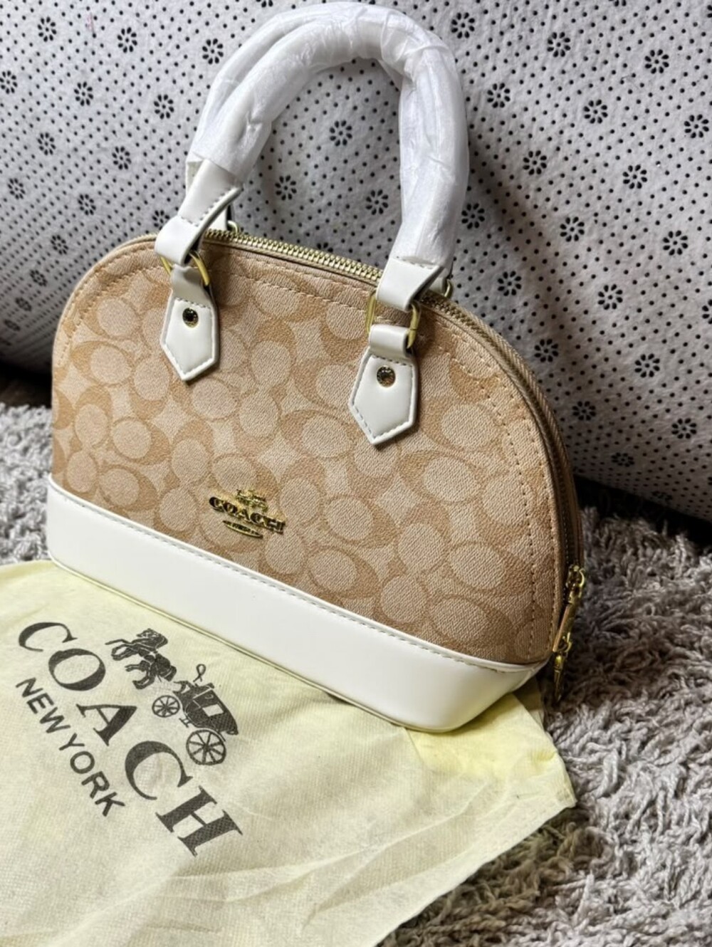 Monogram Dome Satchel Handbag Beige & White Gold Tone Hardware